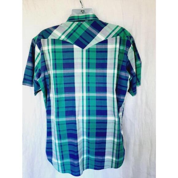 Men's Wrangler Green and Blue Plaid Short Sleeve Shirt Size 17.5 - Picture 3 of 4